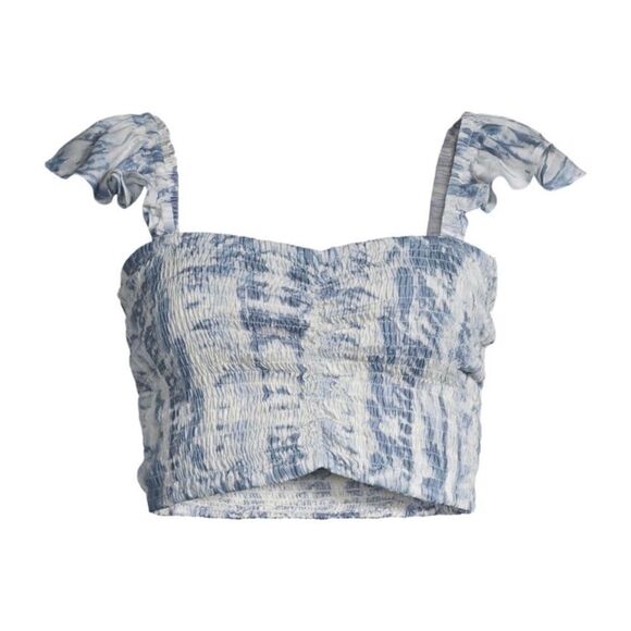 LA MODA CLOTHING Shirred Tie-Dye Cover-Up Crop Swim‎ Top, Blue/White, L/XL, NWT - Picture 2 of 4